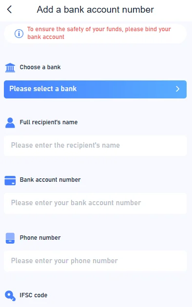 Fill in the required details to add a bank account